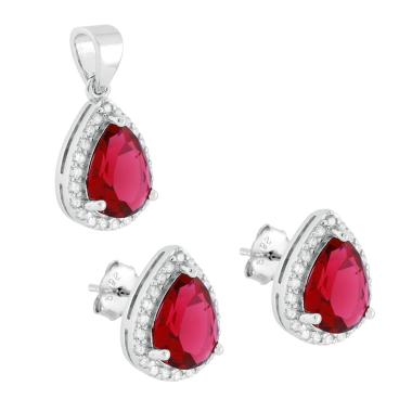 Parure Set Orecchini e Ciondolo Goccia Cubic Zirconia Rosso Rubino contornato da Cubic Zirconia Bianchi in ARGENTO 925 Galvanica Rodio