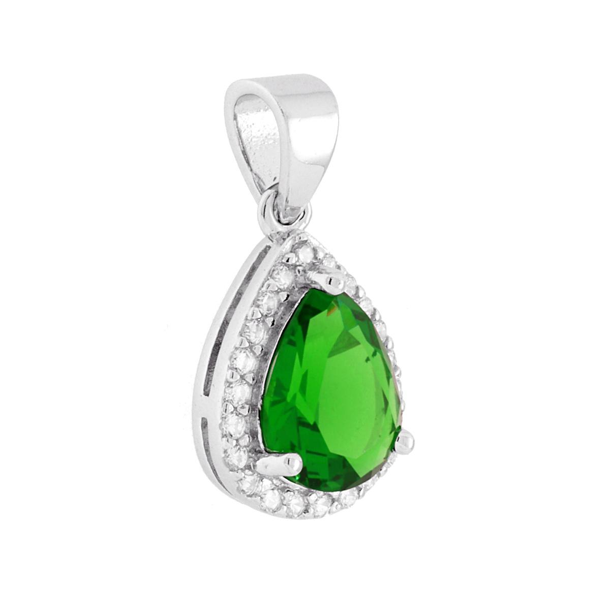 Parure Set Orecchini e Ciondolo Goccia Cubic Zirconia Verde Smeraldo contornato da Cubic Zirconia Bianchi in ARGENTO 925 Galvanica Rodio