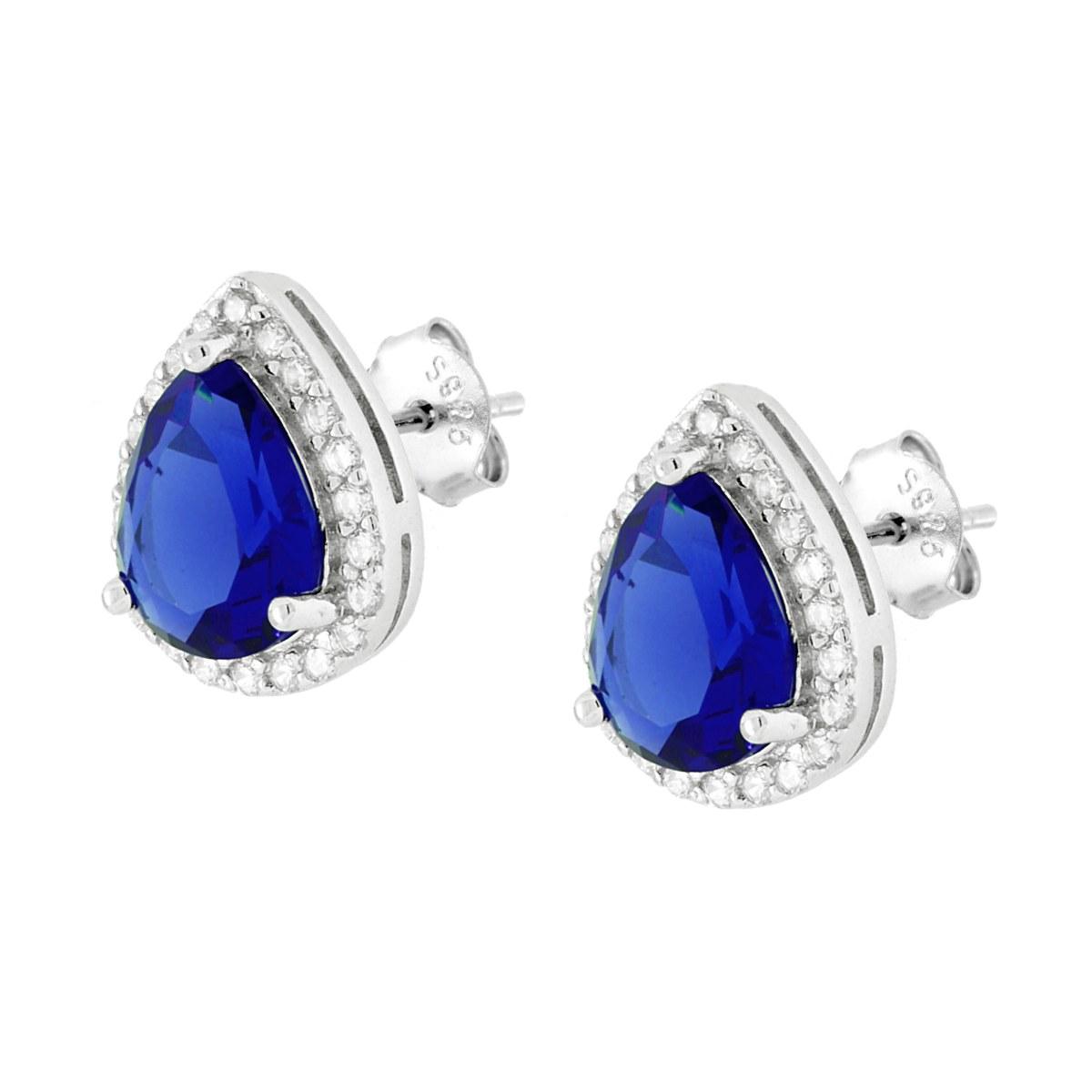 Parure Set Orecchini e Ciondolo Goccia Cubic Zirconia Blu Zaffiro contornato da Cubic Zirconia Bianchi in ARGENTO 925 Galvanica Rodio