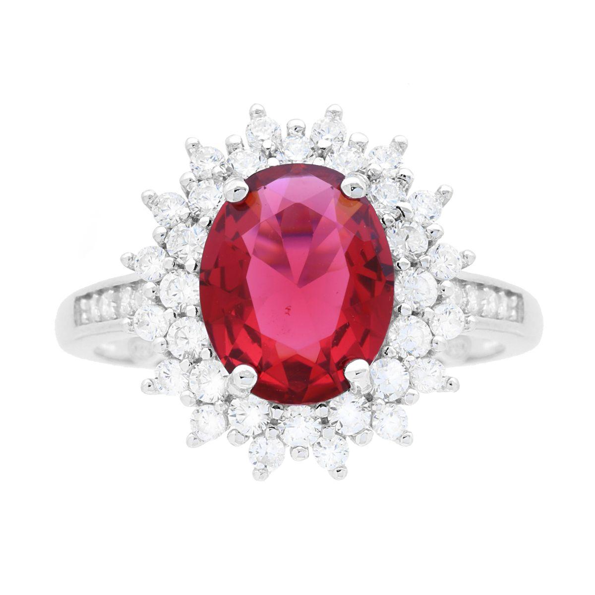 Anello Halo Solitario con Zircone Ovale Rosso Rubino contornato da Zirconi Bianchi in ARGENTO 925 Galvanica Rodio
