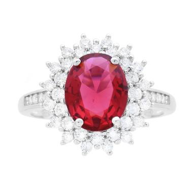 Anello Halo Solitario con Zircone Ovale Rosso Rubino contornato da Zirconi Bianchi in ARGENTO 925 Galvanica Rodio
