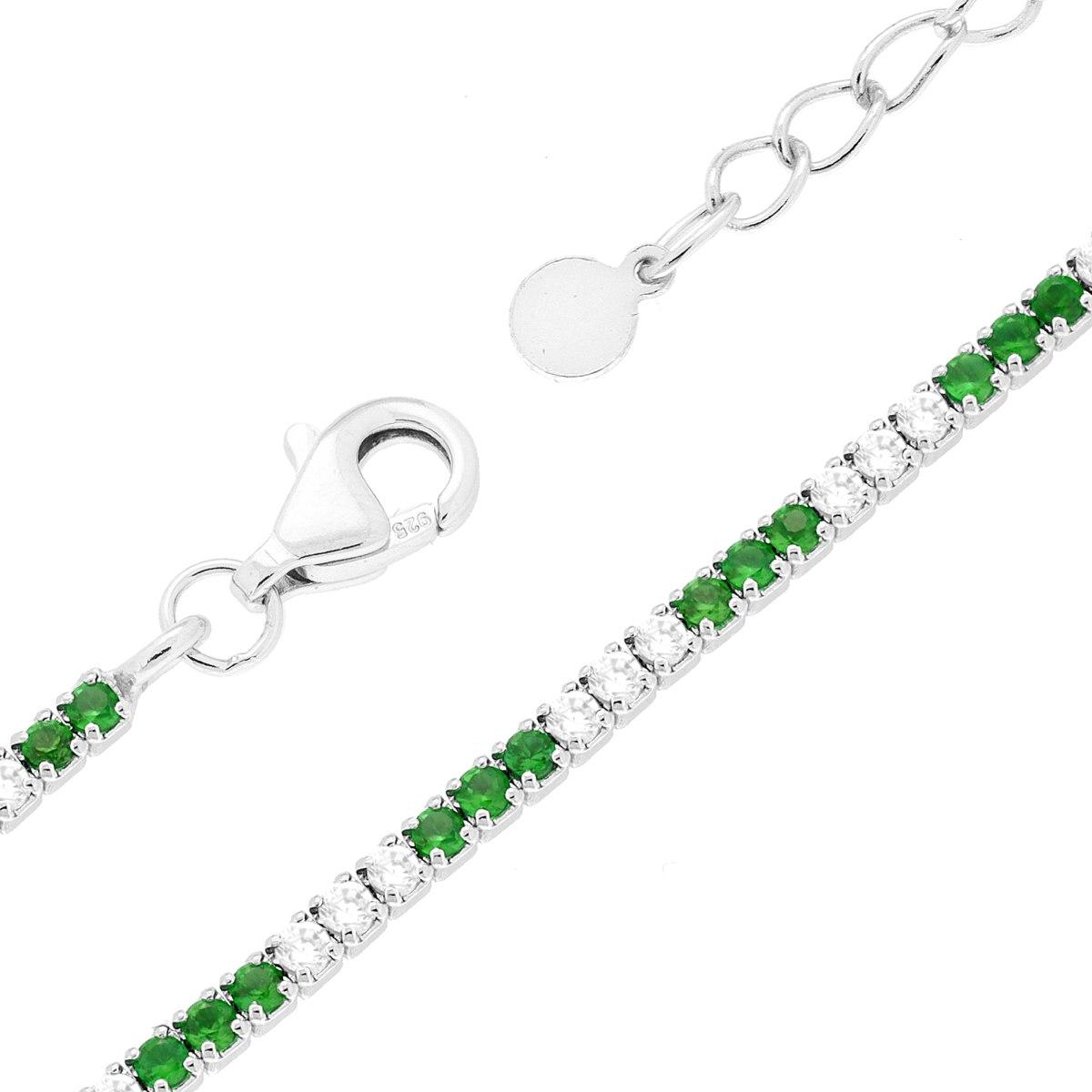 Bracciale Tennis Griffe cm 16+3 con Zirconi mm 1.5 alternati Verde Smeraldo e Bianchi in ARGENTO 925 Galvanica Rodio