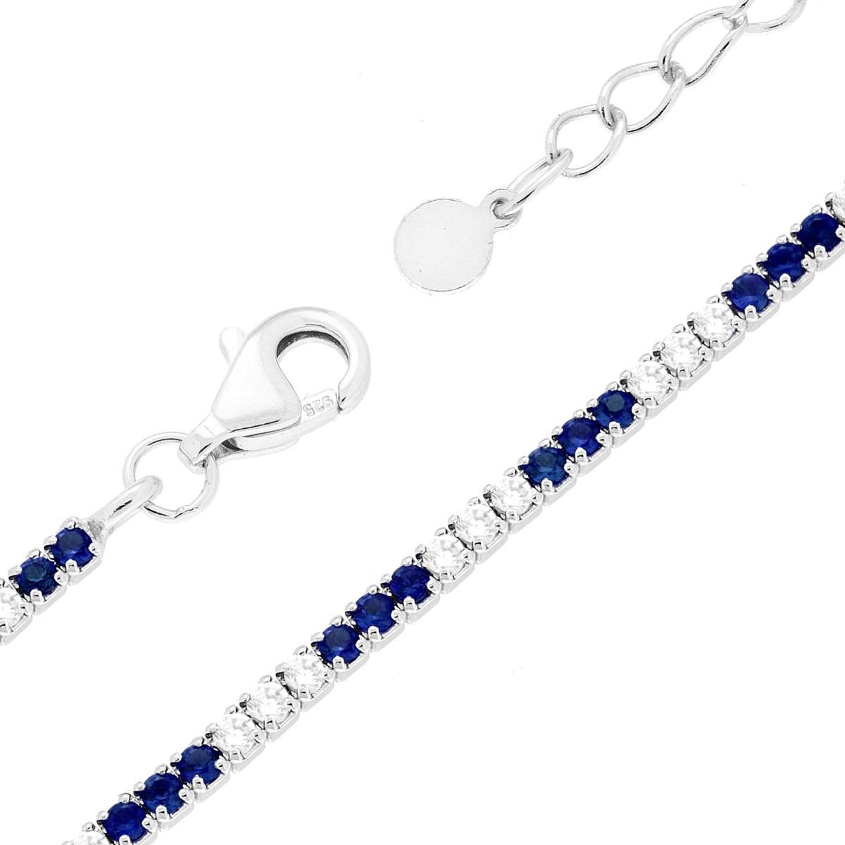 Bracciale Tennis cm 16+3 con Zirconi mm 1.5 alternati Blu Zaffiro e Bianchi in ARGENTO 925 Galvanica Rodio