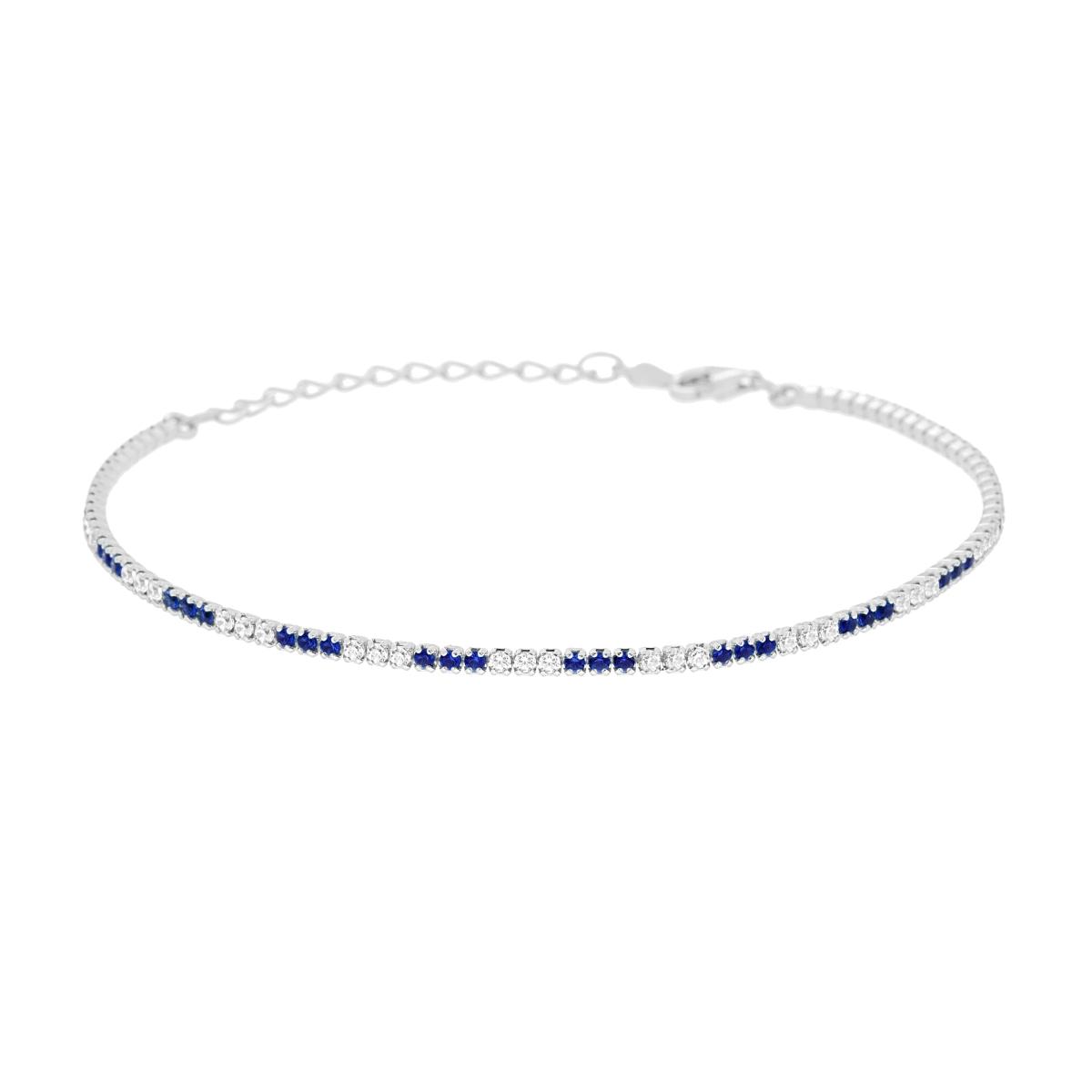Bracciale Tennis cm 16+3 con Zirconi mm 1.5 alternati Blu Zaffiro e Bianchi in ARGENTO 925 Galvanica Rodio