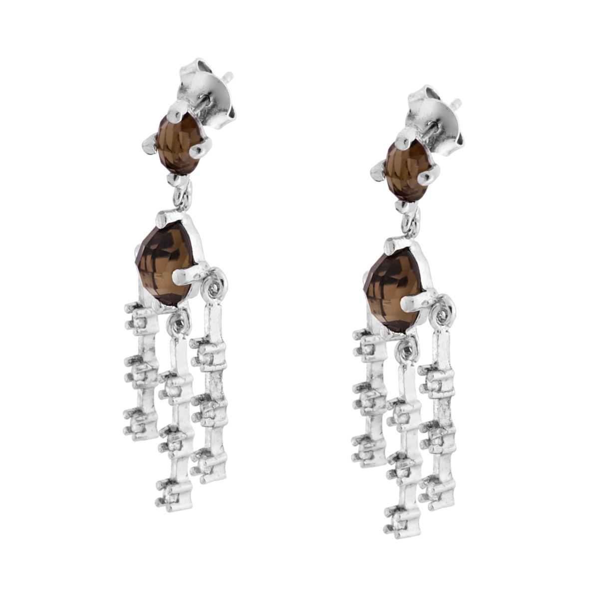 Orecchini con Cubic Zirconia Ovali Quarzo Affumicato e Fili Pendenti con Zirconi Bianchi in ARGENTO 925 Galvanica Rodio