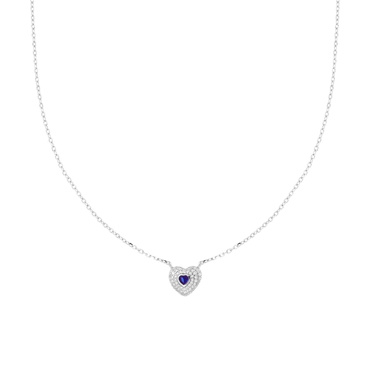 Collana Catena Forzatina Diamantata con Cuore Blu Zaffiro contornato da Cubic Zirconia Bianchi in ARGENTO 925 Galvanica Rodio