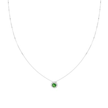 Collana Catena Veneziana Diamantata con Tondo Verde Smeraldo contornato da Cubic Zirconia Bianchi in ARGENTO 925 Galvanica Rodio