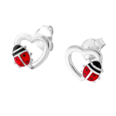 Orecchini Cuore e Coccinella Smalto Rosso in ARGENTO 925 Galvanica Rodio