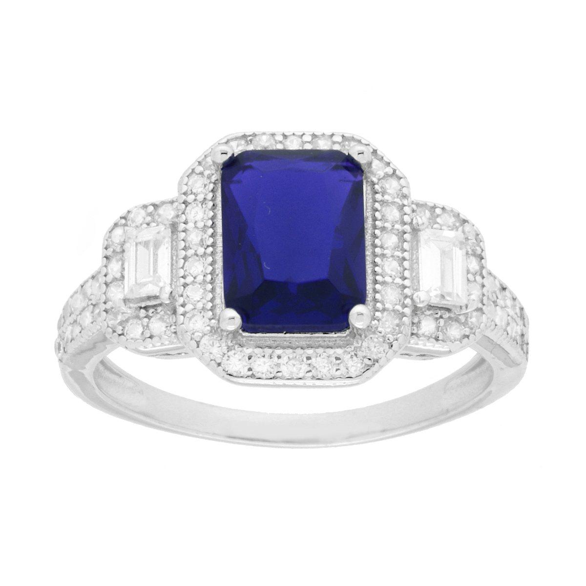 Anello Rettangolo Blu Zaffiro contornato da Cubic Zirconia Bianchi Baguette in ARGENTO 925 Galvanica Rodio