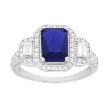 Anello Rettangolo Blu Zaffiro contornato da Cubic Zirconia Bianchi Baguette in ARGENTO 925 Galvanica Rodio