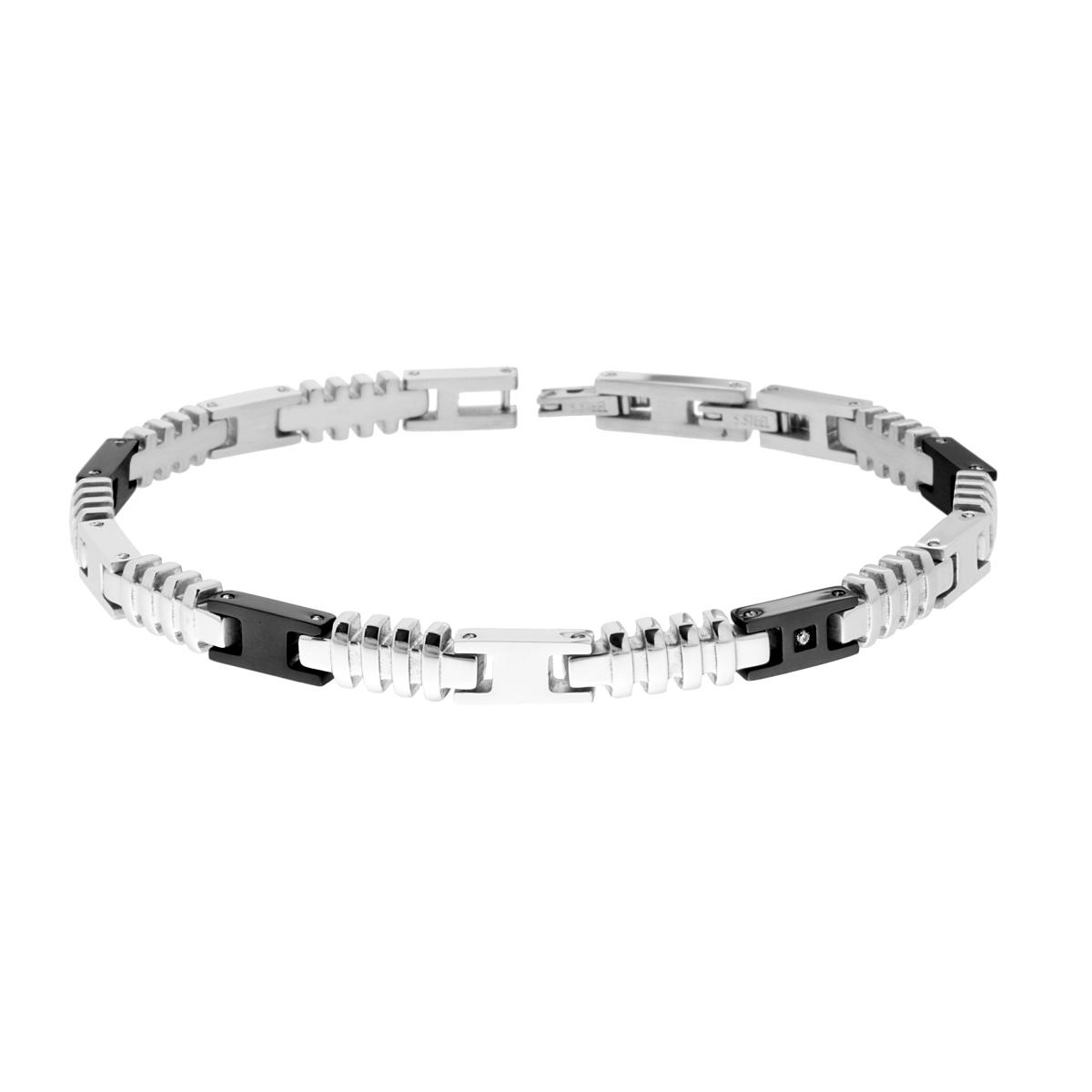Bracciale Uomo maglia Imperniata Dentellata con Dettagli Nero e con Crystal Bianco in ACCIAIO