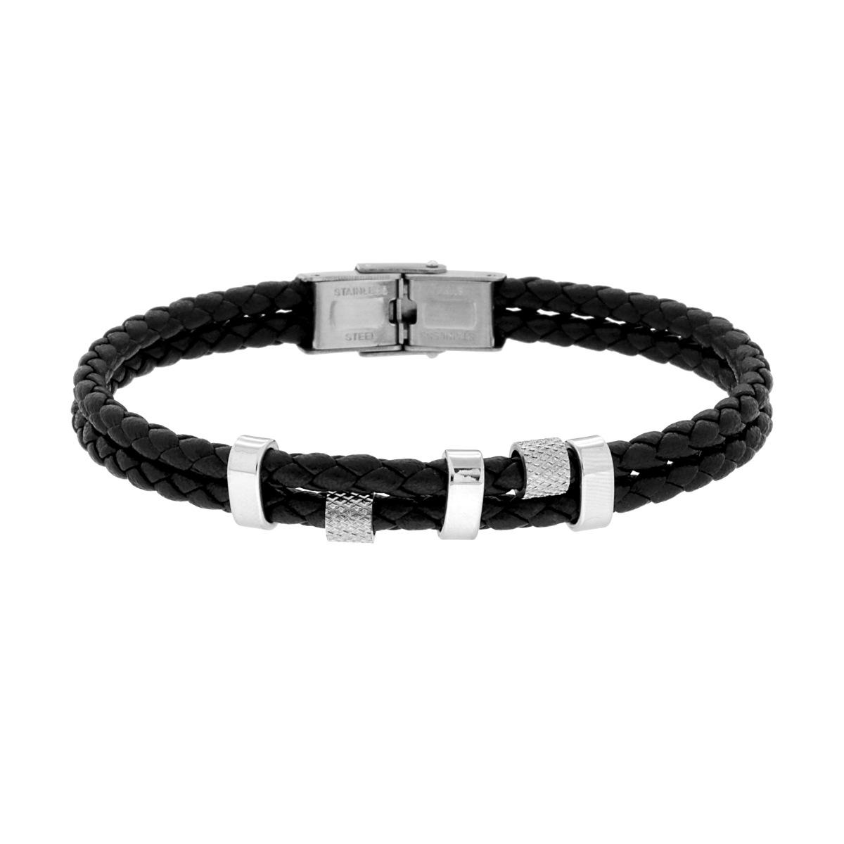 Bracciale Uomo due fili in Ecopelle colore Nero Intrecciata con Accessori in ACCIAIO