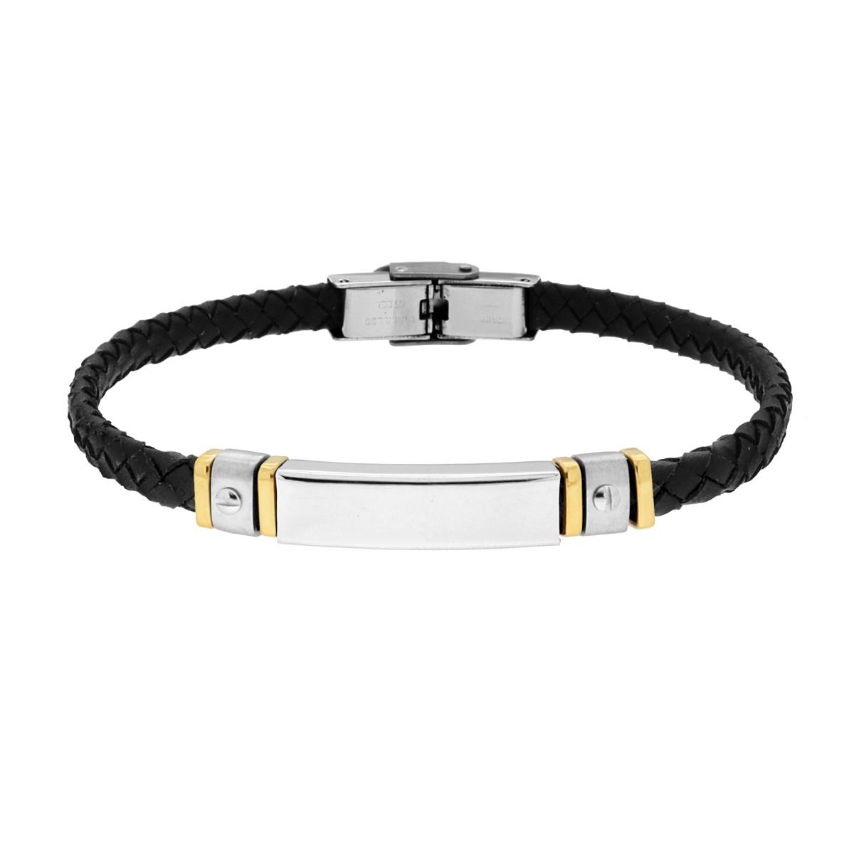 Bracciale Uomo in Ecopelle Intrecciata colore Nero con Targa e Accessori colore Oro in ACCIAIO