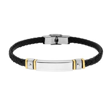 Bracciale Uomo in Ecopelle Intrecciata colore Nero con Targa e Accessori colore Oro in ACCIAIO