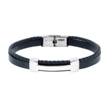 Bracciale Uomo due fili in Ecopelle colore Blu Intrecciata con Targa in ACCIAIO