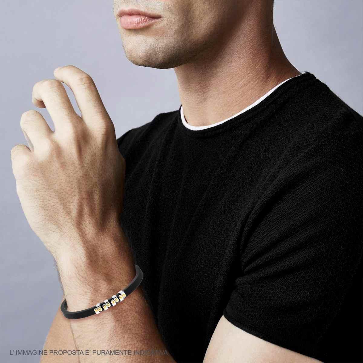 Bracciale Uomo in PVC Caucciu Nero con Accessori Acciaio e Oro in ACCIAIO