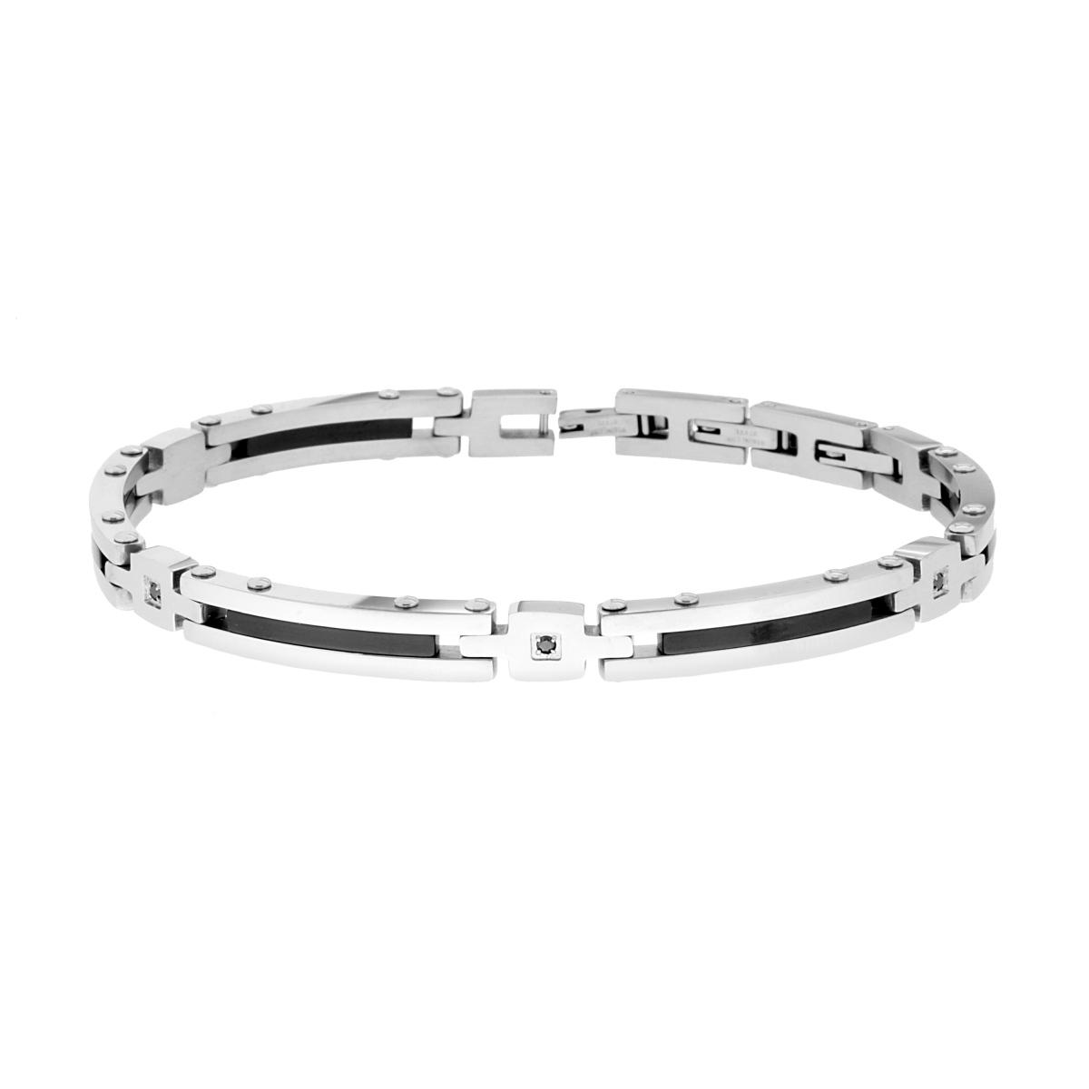 Bracciale Uomo Maglia Imperniata con Ceramica Nera e Cubic Crystal Neri in ACCIAIO
