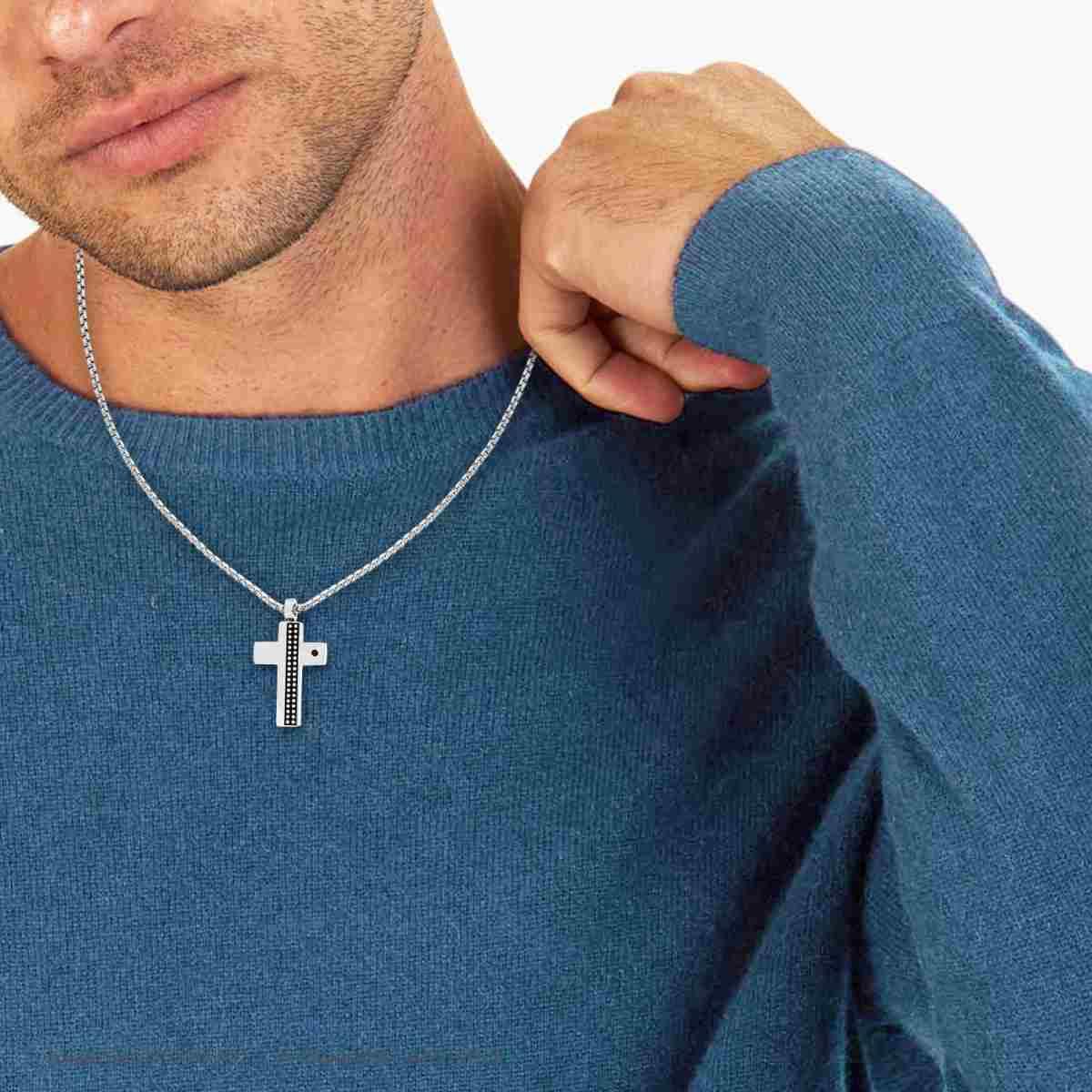 Collana Catena Veneziana Tonda con Croce con Crystal Nero e Decoro Pallinato in ACCIAIO