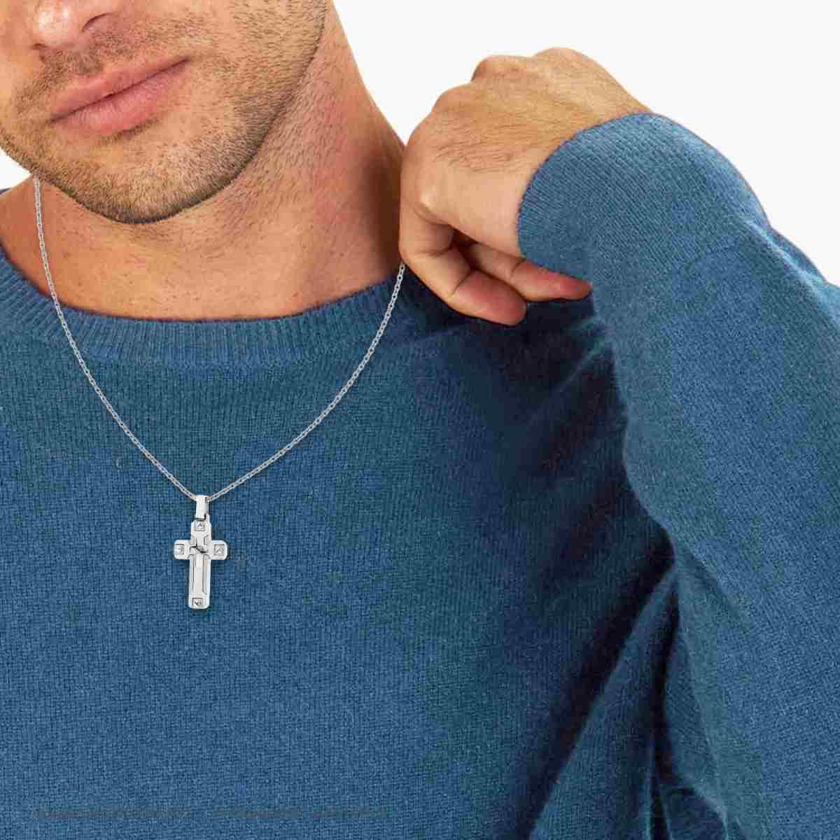 Collana Catena Forzatina Diamantata con Croce in ACCIAIO