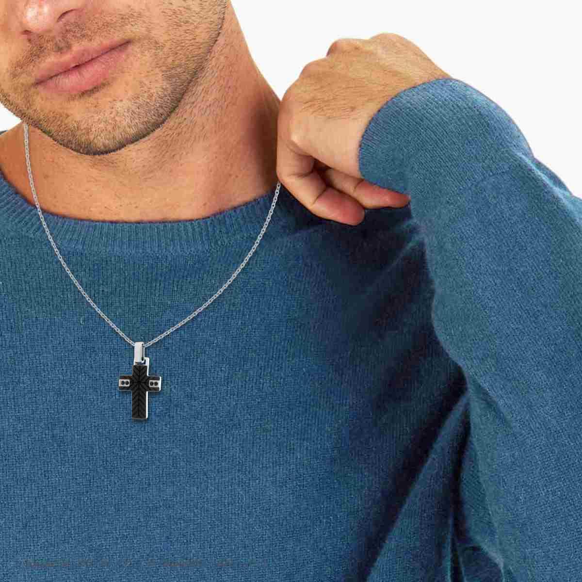 Collana Catena Forzatina Diamantata con Croce con Ceramica e Crystal Neri in ACCIAIO