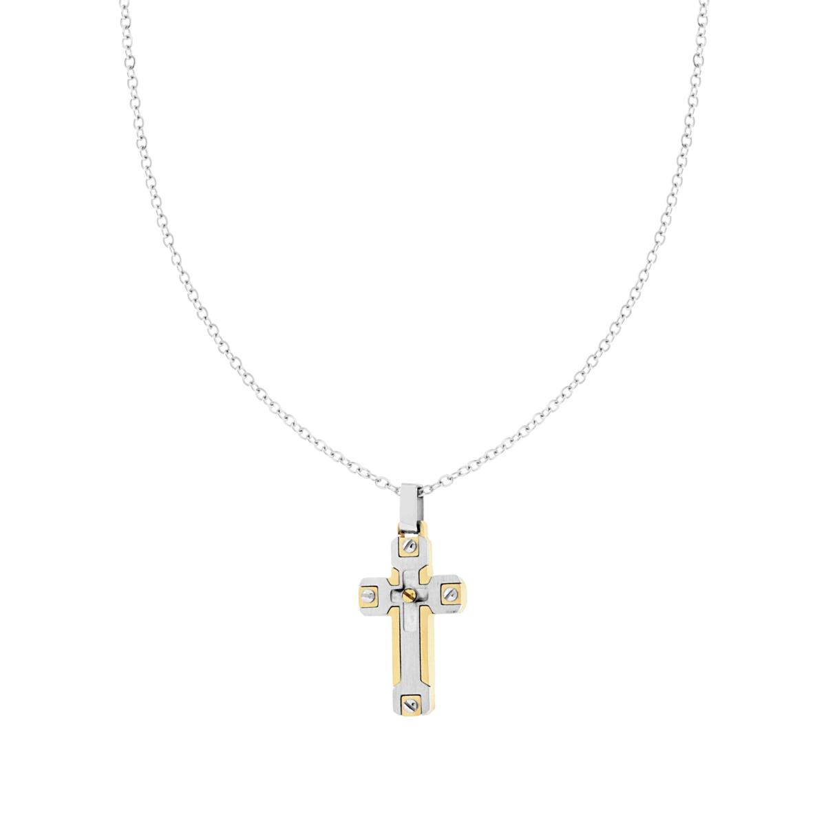 Collana Catena Forzatina Diamantata con Croce Oro in ACCIAIO