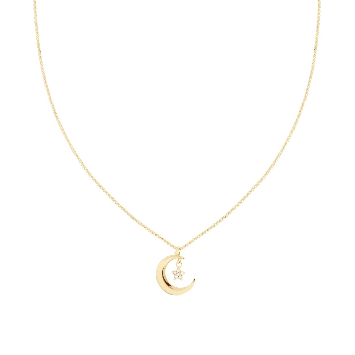 Collana Catena Rolo Diamantata con Luna Stella e Cubic Zirconia Bianchi in ARGENTO 925 Galvanica Oro