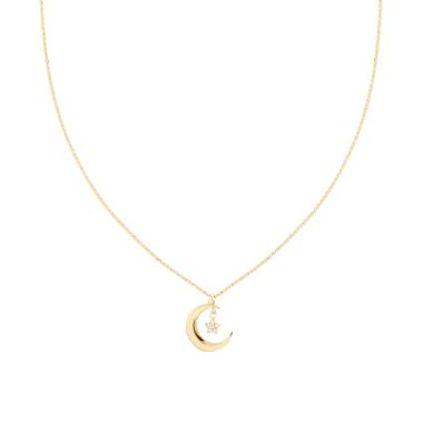 Collana Catena Rolo Diamantata con Luna Stella e Cubic Zirconia Bianchi in ARGENTO 925 Galvanica Oro