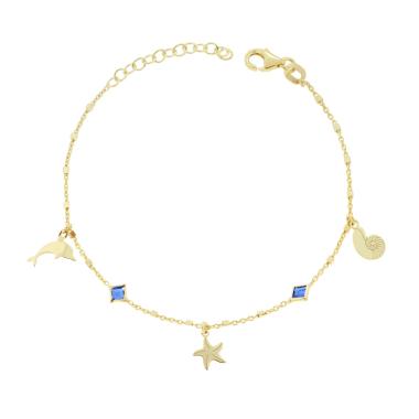 Bracciale Catena Forzatina con Conchiglia Delfino e Stella plain pendenti e Cubic Zirconia Blu Zaffiro in ARGENTO 925 Galvanica Oro