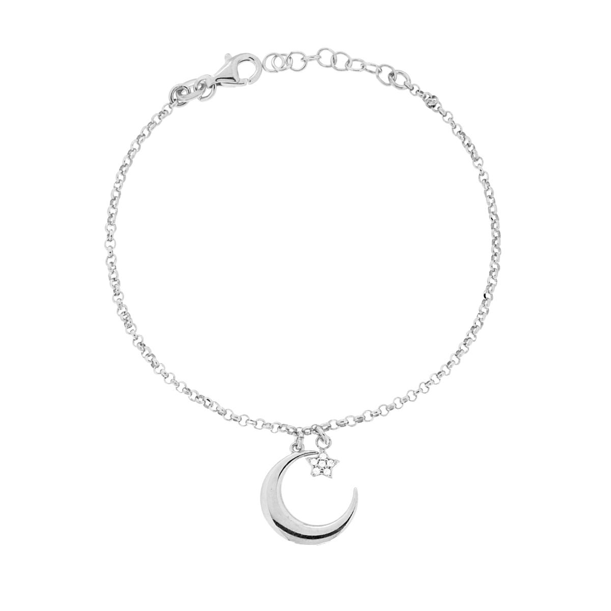 Bracciale Catena Rolo Diamantata con Luna Cuore e Cubic Zirconia Bianchi in ARGENTO 925 Galvanica Rodio