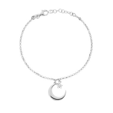 Bracciale Catena Rolo Diamantata con Luna Cuore e Cubic Zirconia Bianchi in ARGENTO 925 Galvanica Rodio