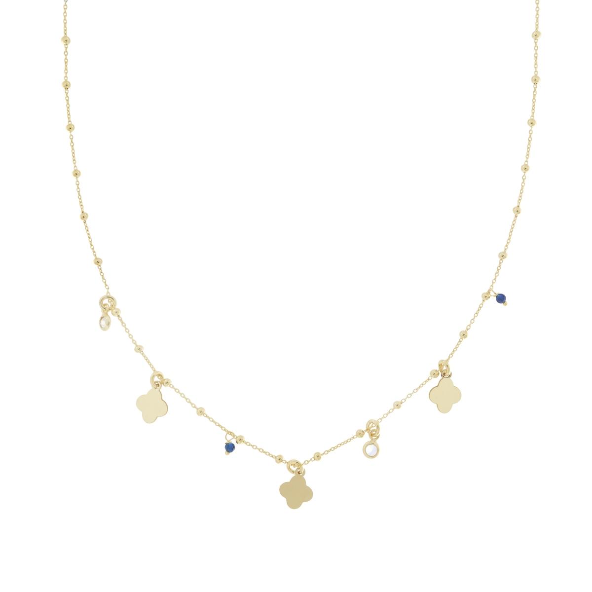 Collana Catena Forzatina e Palline con Quadrifogli plain pendenti Cubic Zirconia Bianchi e Crystal Blu in ARGENTO 925 Galvanica Oro