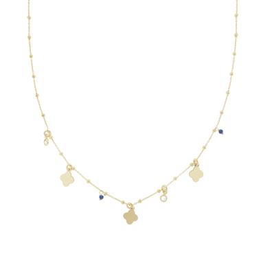 Collana Catena Forzatina e Palline con Quadrifogli plain pendenti Cubic Zirconia Bianchi e Crystal Blu in ARGENTO 925 Galvanica Oro