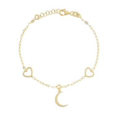 Bracciale Catena Forzatina Allungata Rettangolare con Cuori e Luna pendente in ARGENTO 925 Galvanica Oro