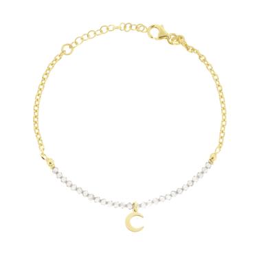 Bracciale Catena Forzatina Diamanta con Luna plain pendente e Crystal Bianchi in ARGENTO 925 Galvanica Oro