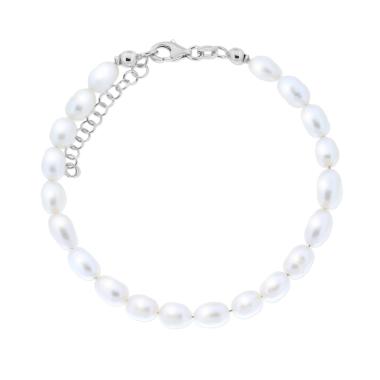 Bracciale Catena con filo di Perle Ovali Naturali di Fiume mm 5,5 in ARGENTO 925 Galvanica Rodio