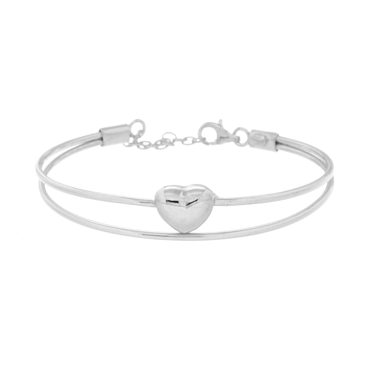 Bracciale Rigido due Fili con Cuore Bombato in ARGENTO 925 Galvanica Rodio