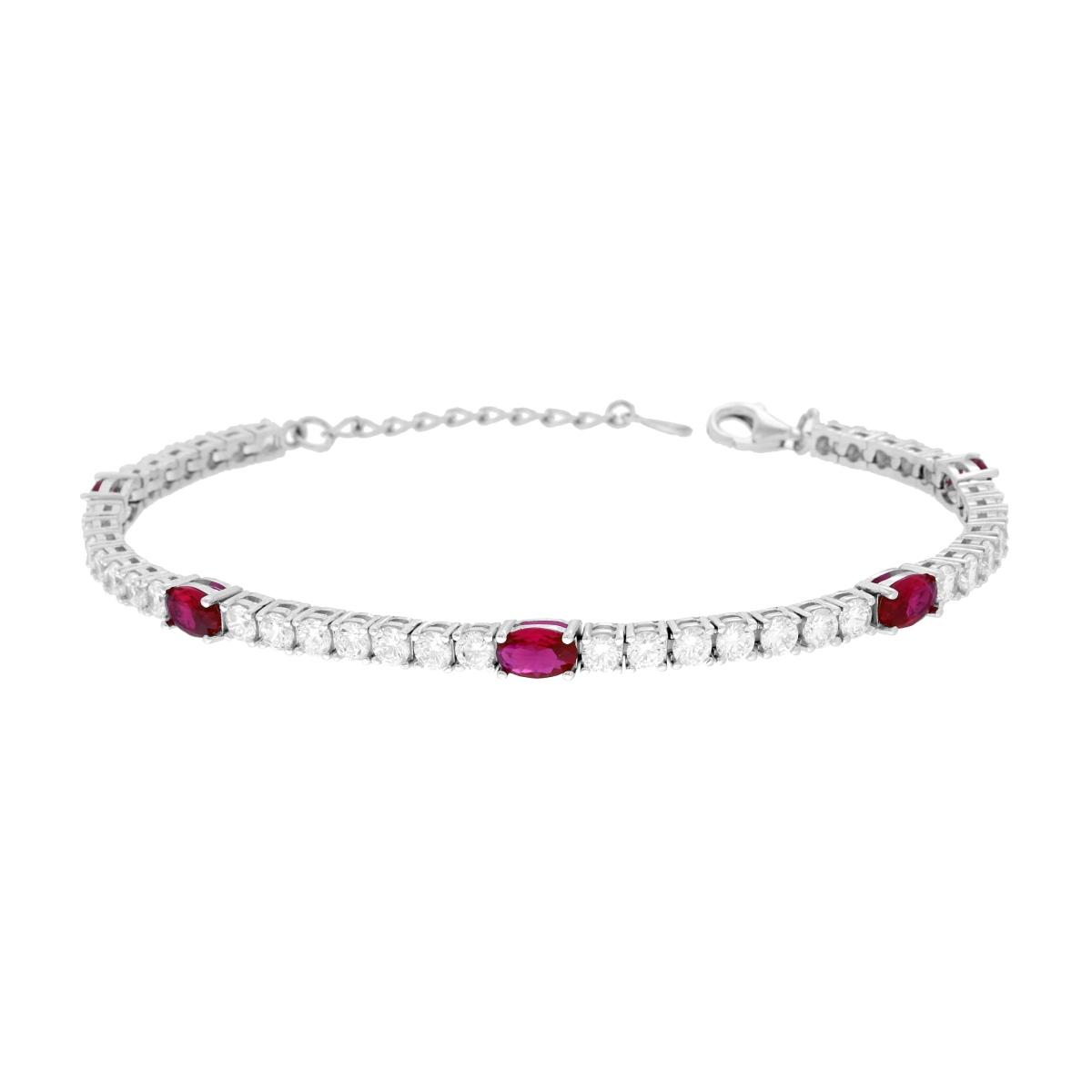 Bracciale Tennis Griffe cm 17+3 con Ovali Cubic Zirconia Rosso Rubino e Bianchi in ARGENTO 925 Galvanica Rodio