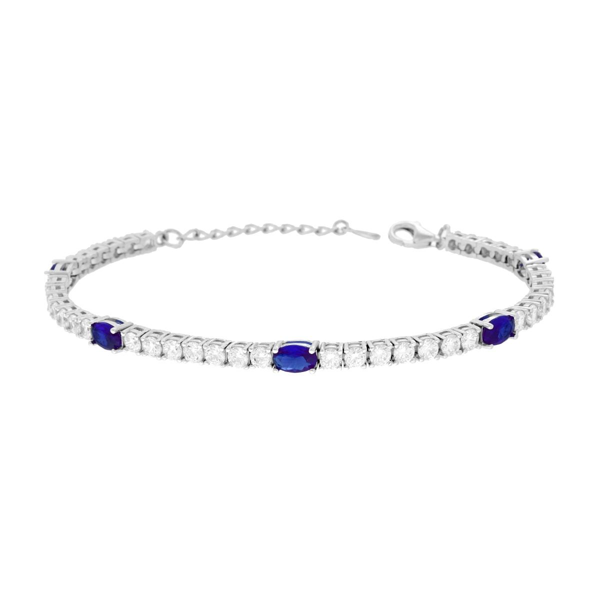 Bracciale Tennis Griffe cm 17+3 con Ovali Cubic Zirconia Blu Zaffiro e Bianchi in ARGENTO 925 Galvanica Rodio