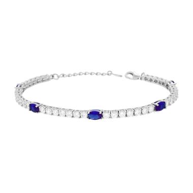 Bracciale Tennis Griffe cm 17+3 con Ovali Cubic Zirconia Blu Zaffiro e Bianchi in ARGENTO 925 Galvanica Rodio