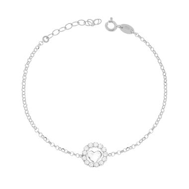 Bracciale Catena Rolo Diamantata con Tondo e Cuore con Cubic Zirconia Bianchi in ARGENTO 925 Galvanica Rodio