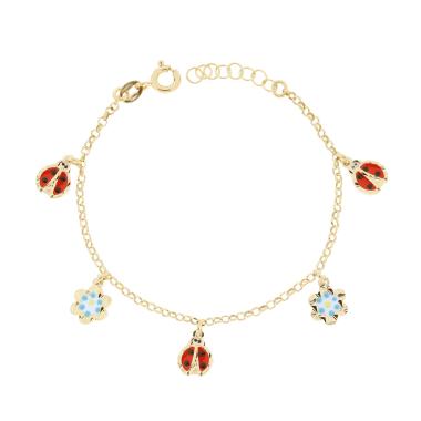 Bracciale Catena Rolo Diamantata con Coccinelle e Fiori pendenti Smalto Rosso Bianco e Azzurro in ARGENTO 925 Galvanica Oro