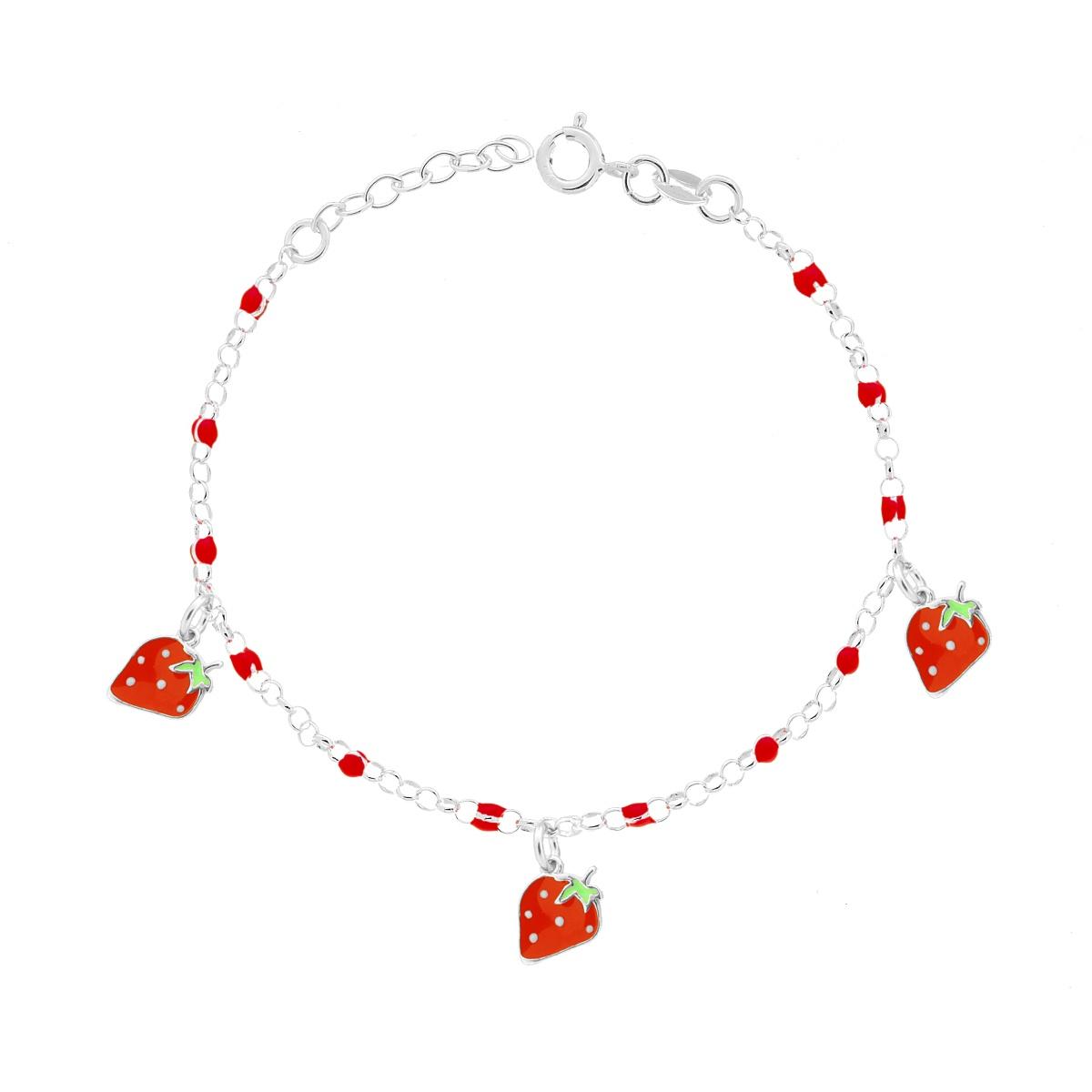 Bracciale Bimbo Bimba Catena Rolo con Palline e Fragole con Smalto Rosso in ARGENTO 925