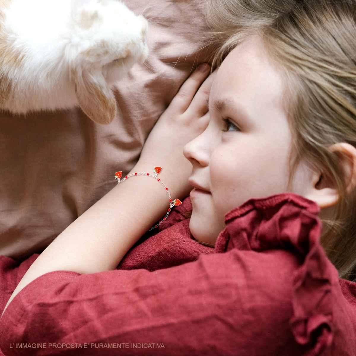Bracciale Bimbo Bimba Catena Rolo con Palline e Fragole con Smalto Rosso in ARGENTO 925