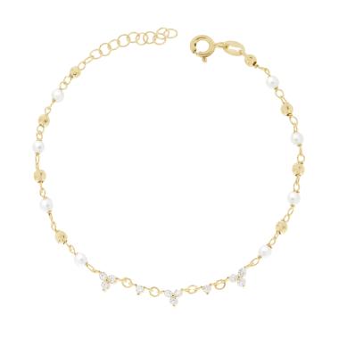Bracciale Catena Rolo Diamantata con Perle e Cubic Zirconia Bianchi in ARGENTO 925 Galvanica Oro