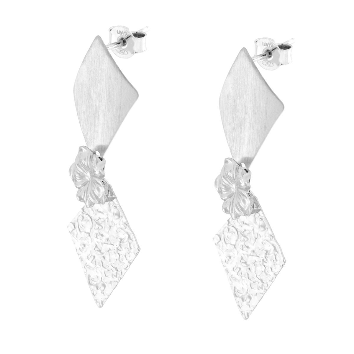 Orecchini con Fiore e pendenti Rombo Satinati Martellati in ARGENTO 925 Galvanica Rodio