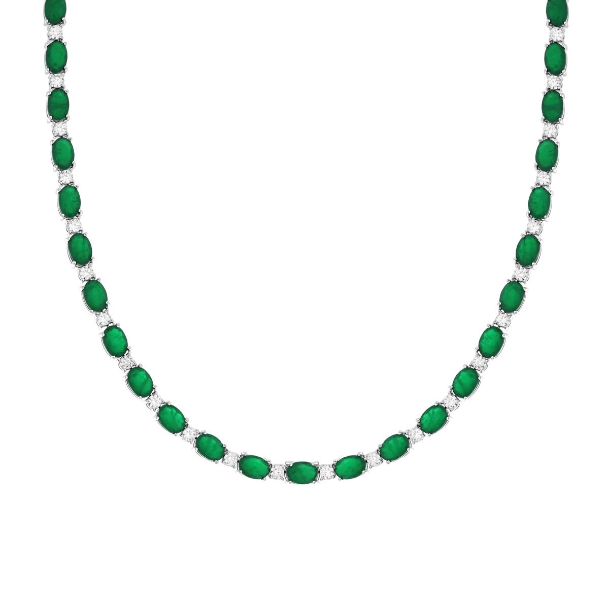 Collana Tennis Ovali Verde Smeraldo e Cubic Zirconia Bianchi in ARGENTO 925 Galvanica Rodio