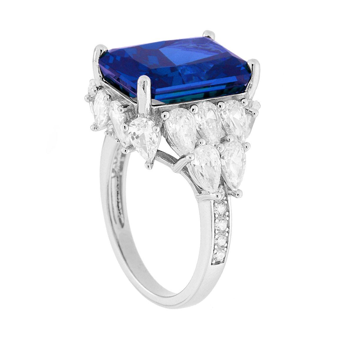 Anello Solitario Blu Zaffiro contornato da Cubic Zirconia Goccia Bianchi in ARGENTO 925 Galvanica Rodio