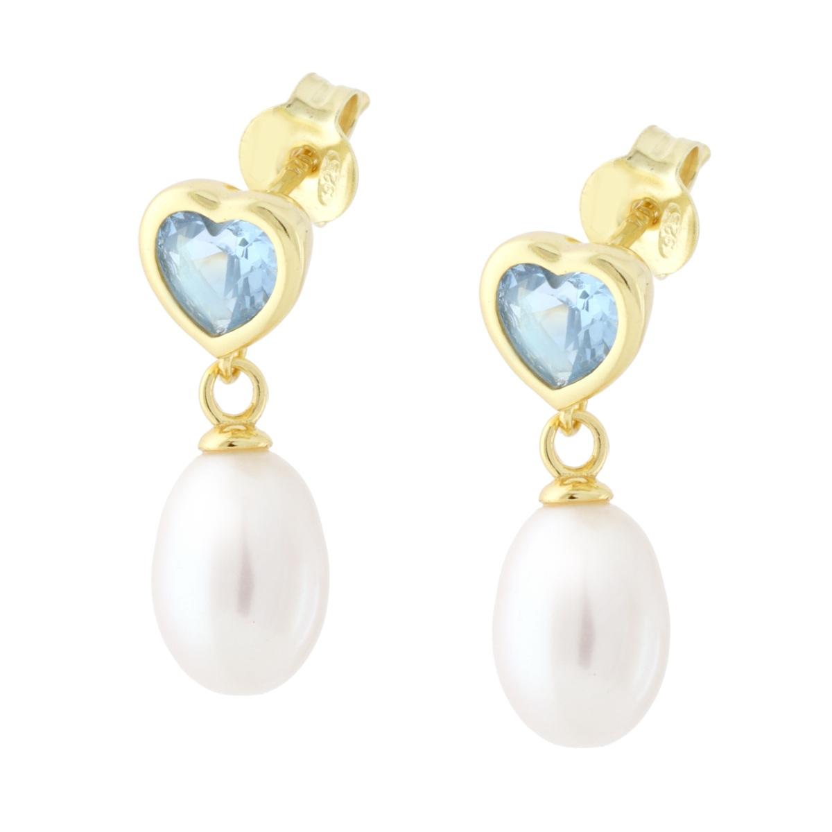 Orecchini Cuore Cubic Zirconia Acquamarina e Perla di Fiume pendente in ARGENTO 925 Galvanica Oro