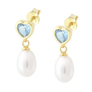 Orecchini Cuore Cubic Zirconia Acquamarina e Perla di Fiume pendente in ARGENTO 925 Galvanica Oro