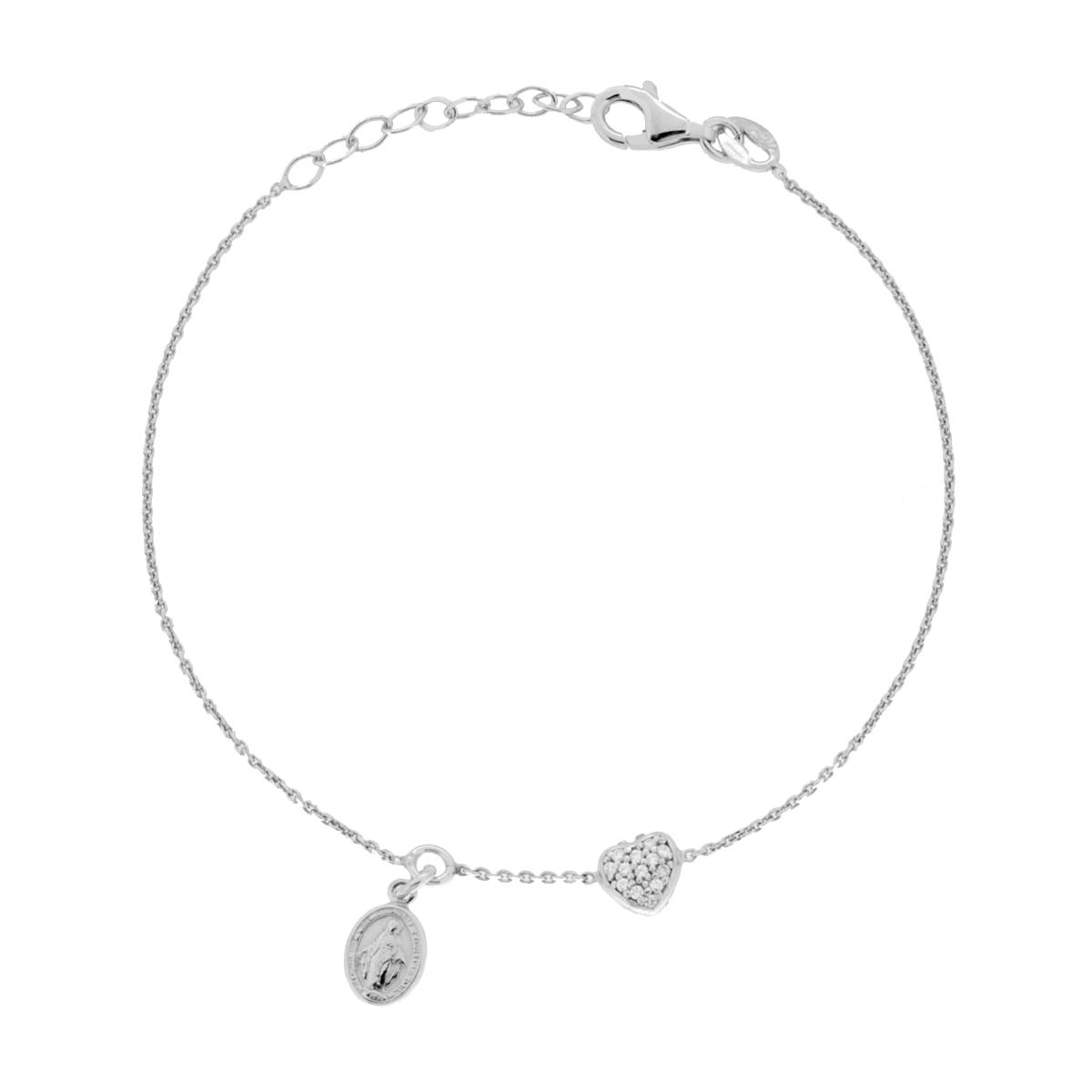 Bracciale Catena Forzatina Diamantata con Madonna Miracolosa e Cuore Cubic Zirconia Bianchi in ARGENTO 925 Galvanica Rodio